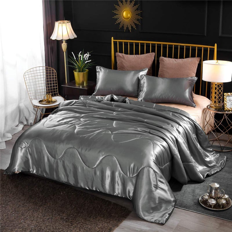 NTBED Silky Satin Comforter Set Queen Silver, Luxury Soft Microfiber Bedding Lightweight Sexy Wave Quilted Blanket Set with 2 Pillow Covers for Summer Spring Autumn - Image 1